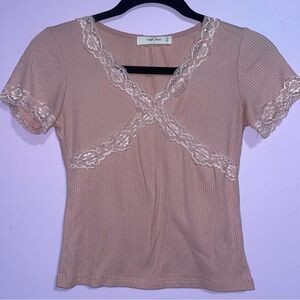 Wild Love Pink Lace Trim Ribbed Y2K Top Women Size S Babydoll Tee 90s Coquette